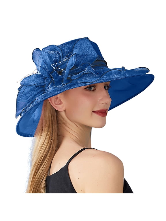 Womens Derby Hats 2025! Women's Solid Color Big Flower Shade English Lady Elegant Temperament Sun Hat Spring Hats for Women 2025 Blue One Size