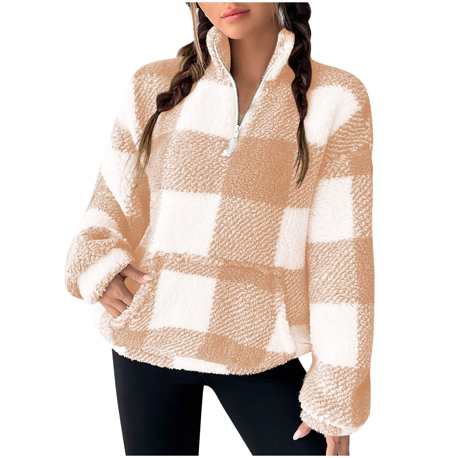 Comdrip Womens Half Zip Pullover, Women's Plaid Long Sleeve Zipper ...
