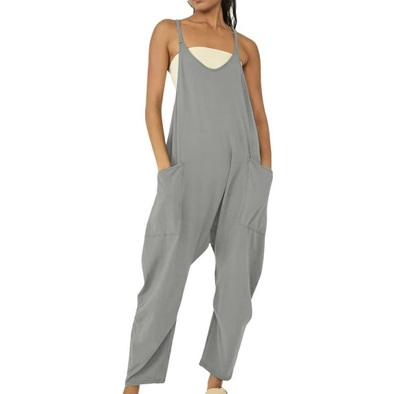 Comdrip Womens Jumpsuit, Womens Casual Summer Jumpsuit Sleeveless Loose Solid Color Comfortable Strap Loose Jumpsuit Pocket Jumpsuit for Women Overalls for Women Grey2 2XL