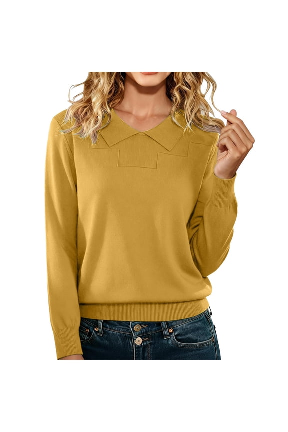 Womens Knit Sweater, Warm Sweaters for Women V Neck Classic Soft Pullover Sweater Loose Casual Long Sleeve 2025 Fall Winter Work Sweaters for Women office Yellow M