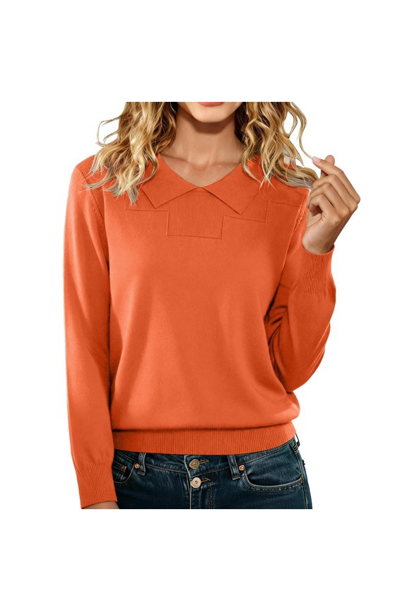 Womens Knit Sweater, Warm Sweaters for Women V Neck Classic Soft Pullover Sweater Loose Casual Long Sleeve 2025 Fall Winter Work Sweaters for Women office orange M