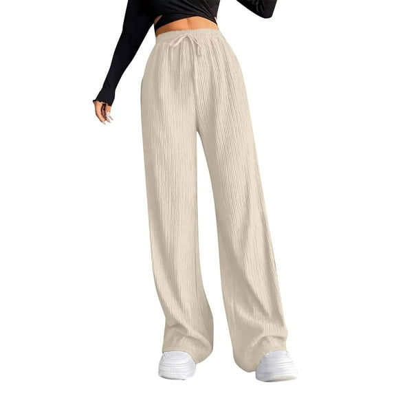 Comdrip Womens Pants Casual, Women's Elastic Waist Slim Striped Wide Leg Pants Trousers Pants for Women Khaki 2XL