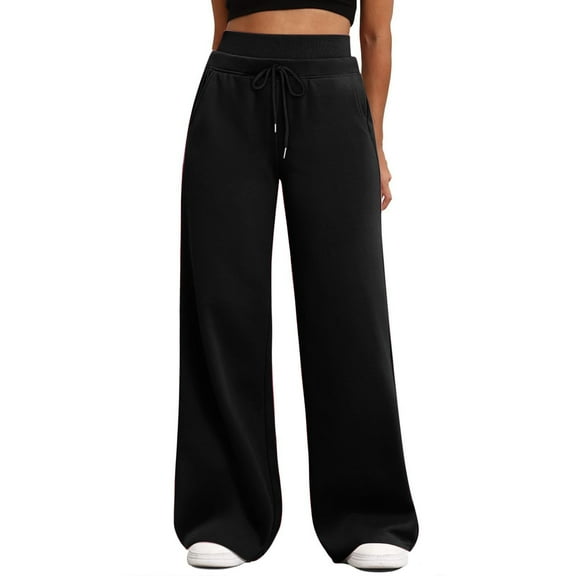 Comdrip Womens Sweat Pants, Women's Wide Leg Sweatpants Double Waisted Baggy Pants with Pockets Tall Sweatpants for Women Black L