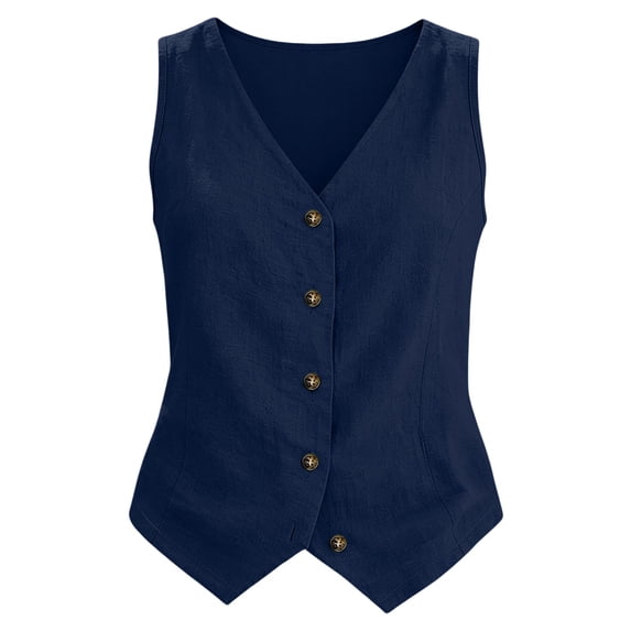 Comdrip Womens V-Neck Blazer Vest Summer Linen Sleeveless Solid Color 65% Linen and 35% Cotton Fiber Fitted Waistcoat Work Casual Cotton Suit Tops Dark Blue L