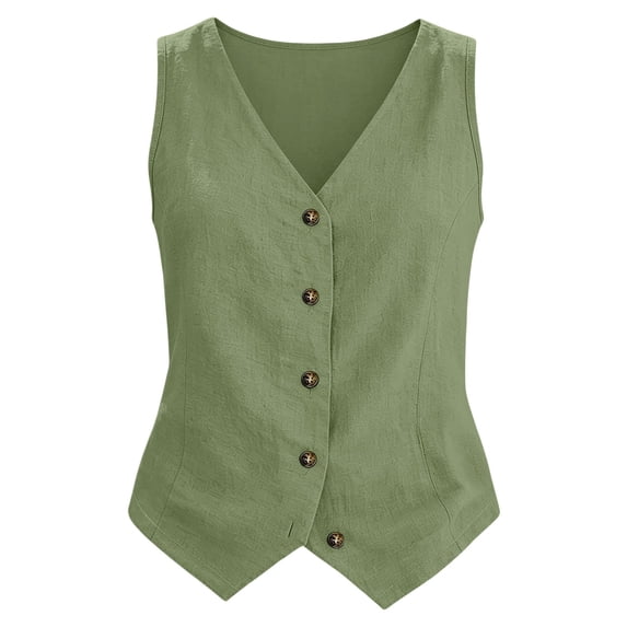 Comdrip Womens V-Neck Blazer Vest Summer Linen Sleeveless Solid Color 65% Linen and 35% Cotton Fiber Fitted Waistcoat Work Casual Cotton Suit Tops Green 2Xl