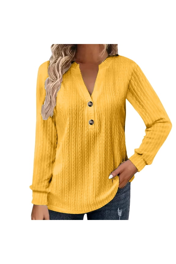 Womens Work Tops, Women's Half Button Down Shirt Long Sleeve V Neck Twist Pattern Tunic Tops Womens Spring Fashion Solid Color Comfy Blouse Casual Tops for Women Yellow 2XL