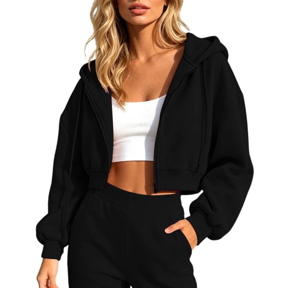 Comdrip Womens Zip up Hoodies Cropped Jackets Casual Long Sleeve Soft Lightweight Fall Clothes 2026 Black L