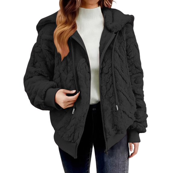 Comdrip Zip Up Hoodie Women, Winter Fleece Heating 2025 Jacket for Women Solid Color Sweater Casual Knit Knitwear Cable Knit Hoodie Black XL