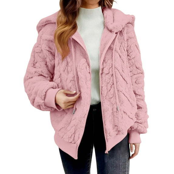 Comdrip Zip Up Hoodie Women, Winter Fleece Heating 2025 Jacket for Women Solid Color Sweater Casual Knit Knitwear Cable Knit Hoodie Pink S