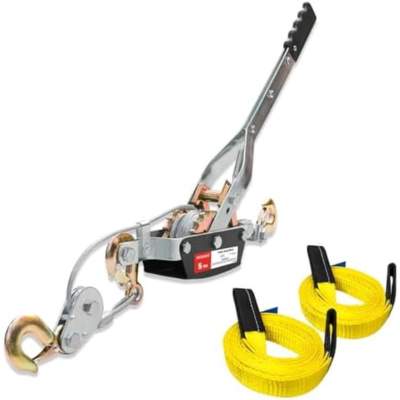 Come Along Winch 5 Ton Hand Winch 9.84Ft with 3 Hooks Heavy Duty Dual Ratchet Cable Winch Puller with Two 1"x8FT Lifting Sling Automotive Towing Hoist Puller for Recovery Moving Securing
