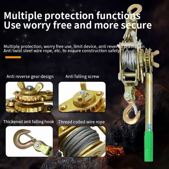 Winch Puller 2 Ton Steel Dual Gear Power Puller, 4000 lbs. Load Capacity, Hand Winch Cable, Recovery Gear