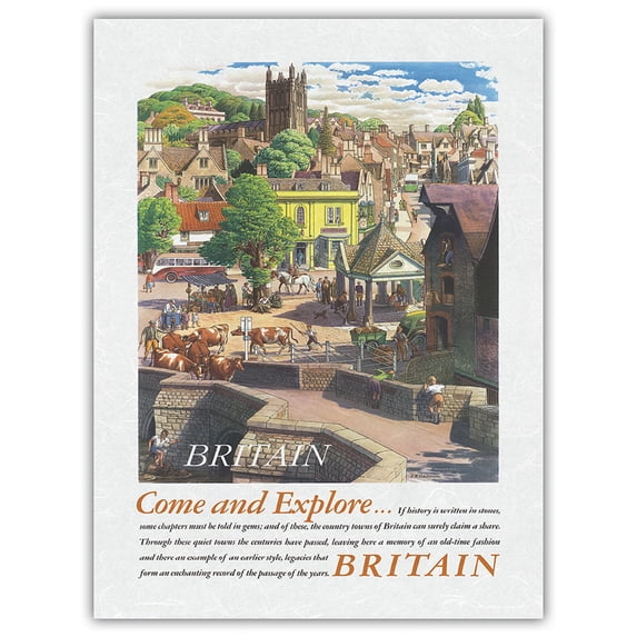 Come and Explore Britain - British Country Towns - Vintage Travel Poster by S. R. Badmin c.1950s - Japanese Unryu Rice Paper Art Print (Unframed) 18 x 24 in