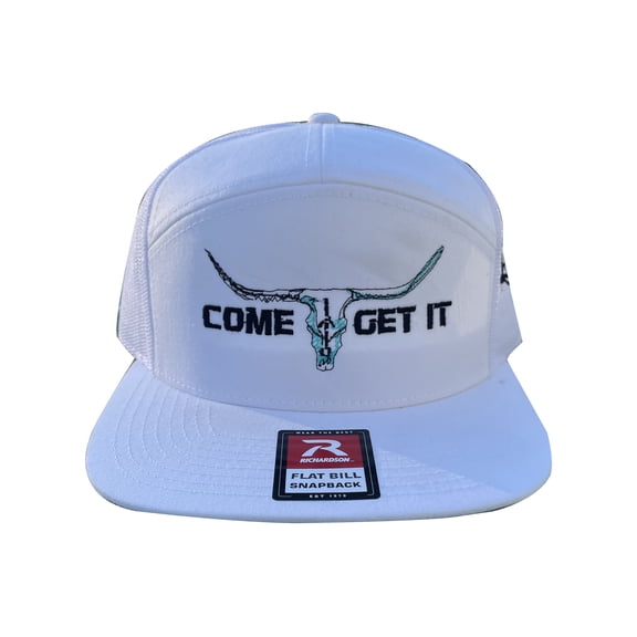 Come Get It Leather & Lights White 7 Panel Flat Bill Richardson Cap Western Punchy Bull Skull Cowboy Cowgirl Hat