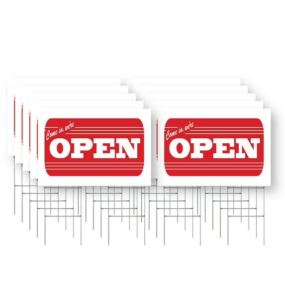 Come In We're Open Yard Sign 10 Pack of 24 Inch x 36 Inch Double Sided Weatherproof Heavy-Duty Plastic with Stake | Business Signage, Clear Messaging, Customer Ready | Made in USA