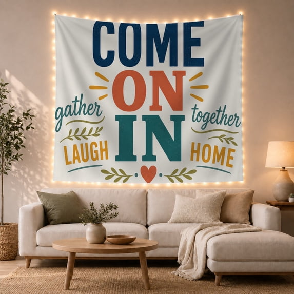Come On In Quote with Gather Home Text, Warm Farmhouse Style for Farmhouse Decor Lovers, Welcome Wall Decor, Housewarming Gift, Tapestry Wall Hanging for Entryway and Living Room