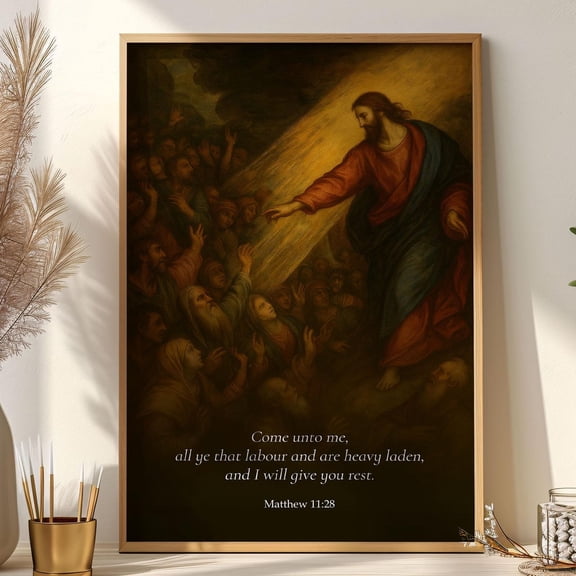 Come Unto Me Wall Art Matthew 11:28 Bible Verse Scripture Home Decor, Unframed Canvas 8x10in