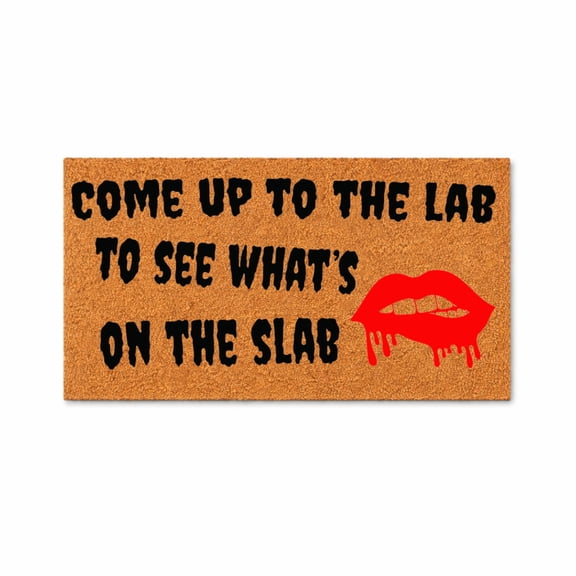 Come Up To The Lab To See What's On The Slab Doormat, Funny Horror Quote Entryway Mat, Red Lips Drip Design 4658 (36x72 inches) 4658