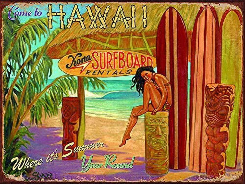 Come to Hawaii Kona Surfboard Rental Metal Sign Home Decor Metal