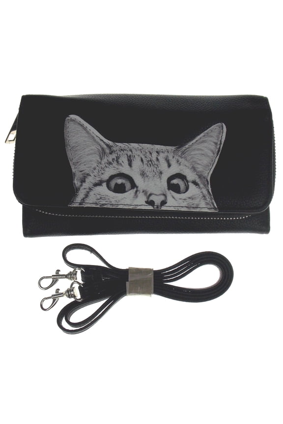 Peeking Cat Wallet Black White Zip Up Strap Gift Purse Book Shaped