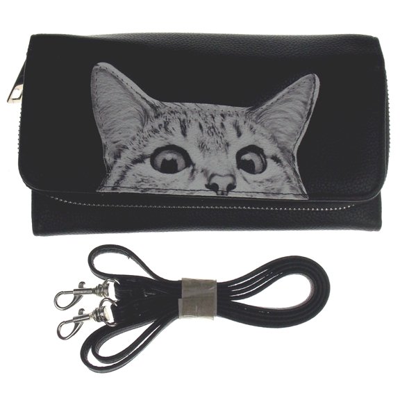 Comeco Peeking Cat Wallet Black White Zip Up Strap Gift Purse Book Shaped