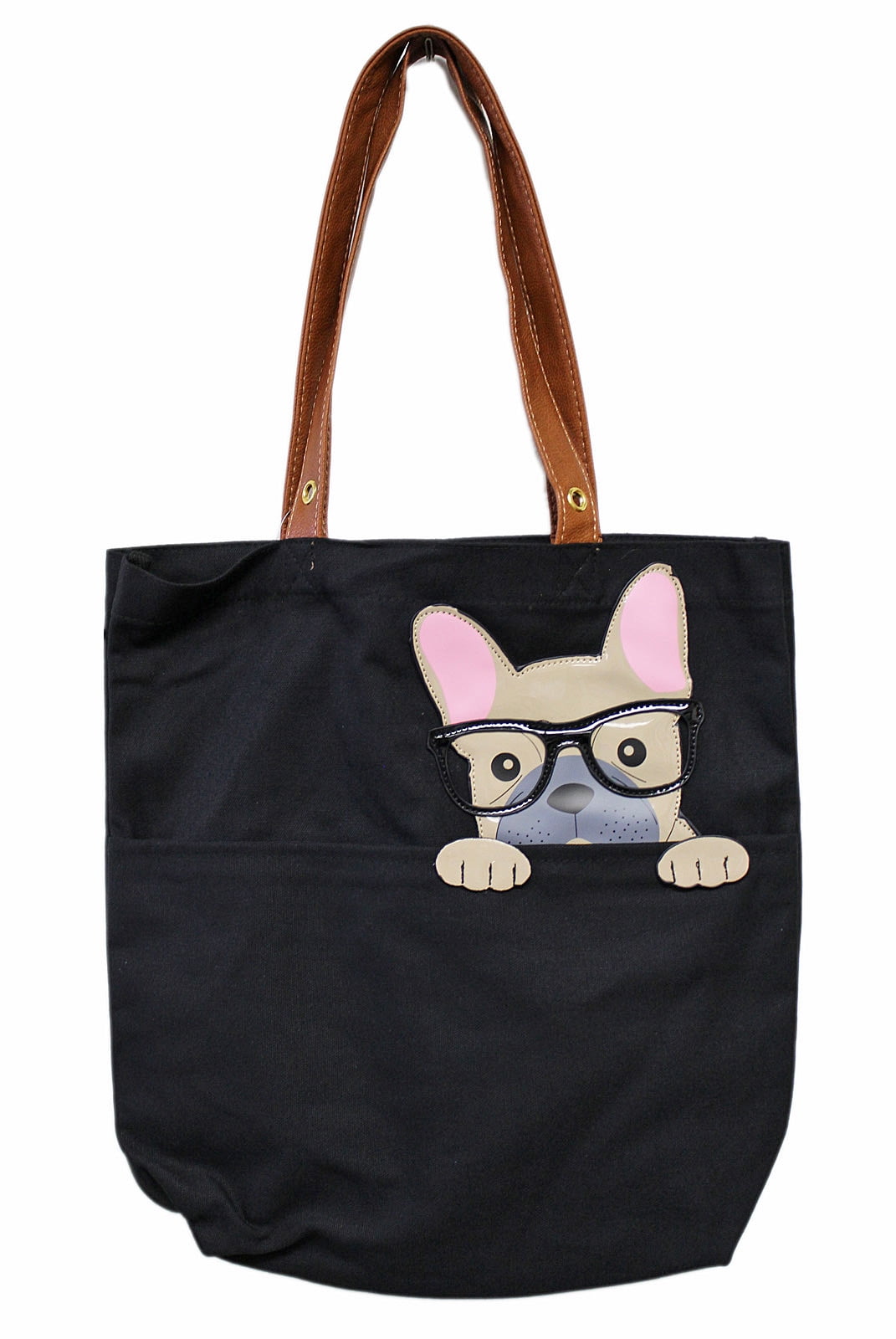 Comeco Sleepyville Critters Tan Dog Leather Patch Canvas Tote Bag