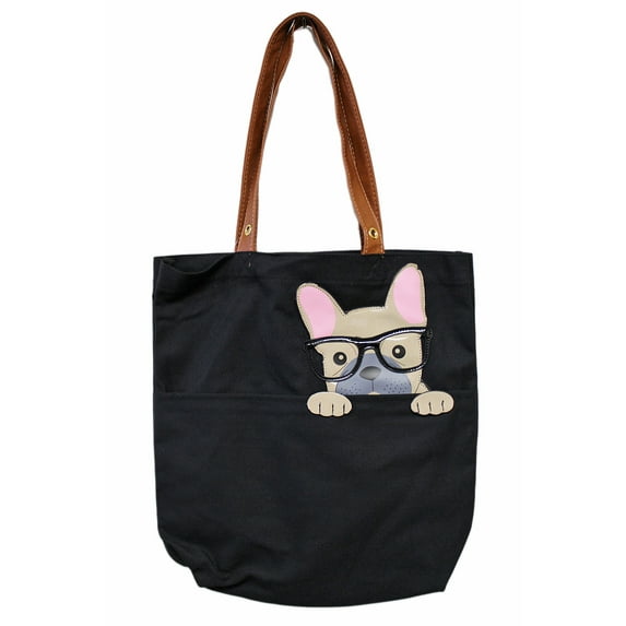 Comeco Sleepyville Critters Tan Dog Leather Patch Canvas Tote Bag