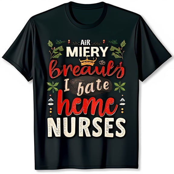 Comedic Black T-Shirt with 'Air Miry Really I Hate Home Nurses' Graphic & Colorful Accents