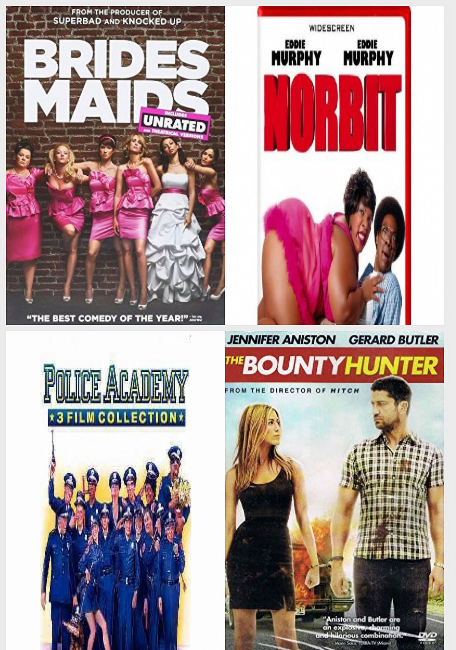 Comedy 4 Pack DVD Bundle: Bridesmaids, Norbit, Police Academy Pt. 1-3,  Bounty Hunter - Walmart.com, image size:1516x2160