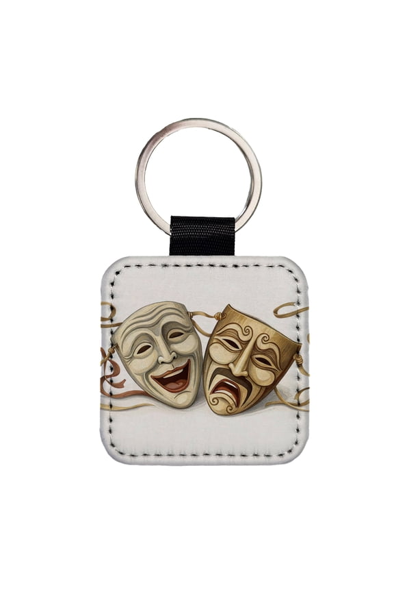 Comedy And Tragedy Theater Drama Masks Faux Leather Square Keychain