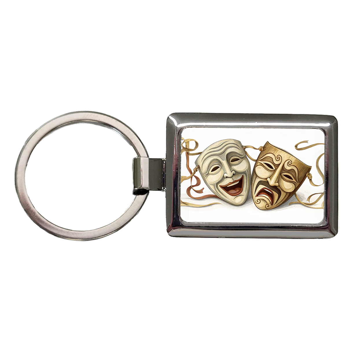 Comedy And Tragedy Theater Drama Masks Metal Rectangle Keychain 