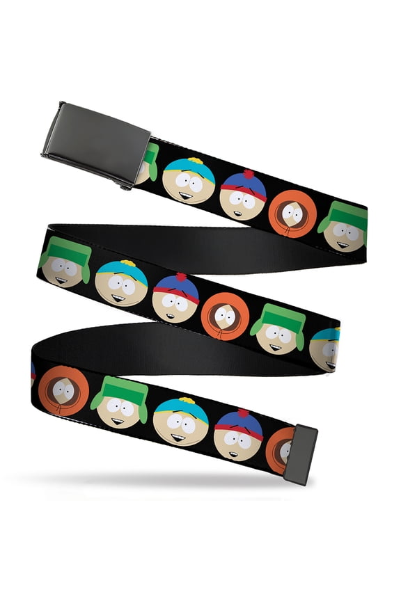 Adjustable Belt, Clamp Buckle, Cut-to-Fit, South Park Boys Face Repeat Black