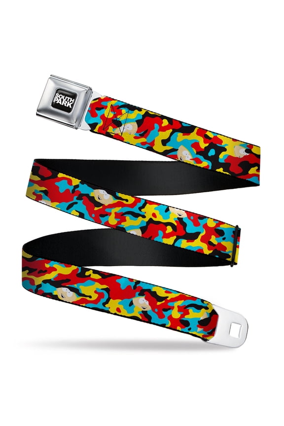 Comedy Central Belt, Seatbelt Buckle Belt, South Park Cartman Camo Black Red Yellow Blue, Youth 22 to 32 Inches