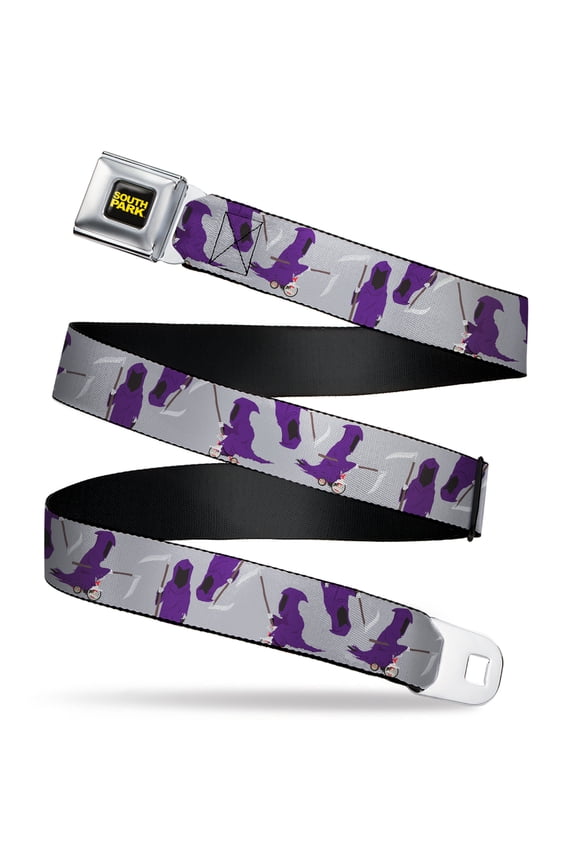 Comedy Central Belt, Seatbelt Buckle Belt, South Park Death Poses Scattered Gray, Youth 22 to 32 Inches