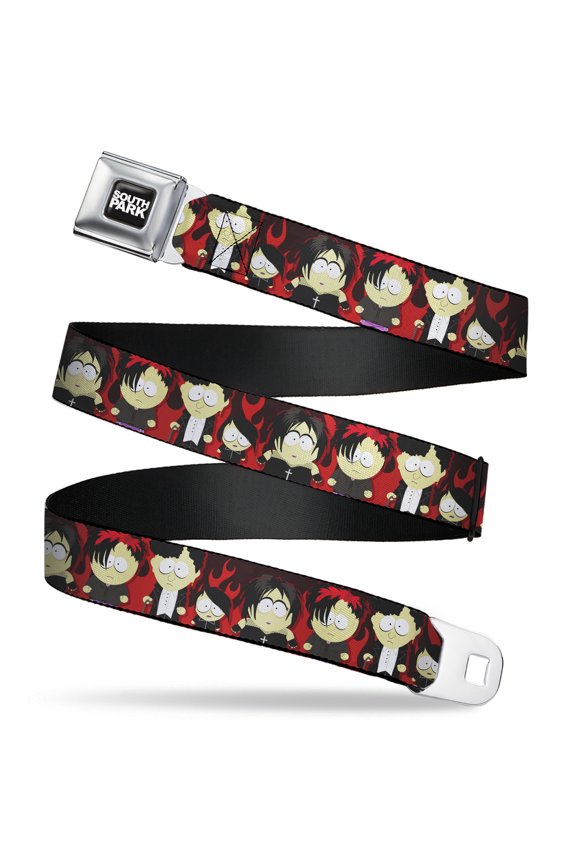 Comedy Central Belt, Seatbelt Buckle Belt, South Park Goth Kids Poses Flame Reds, 34 to 52 Inches