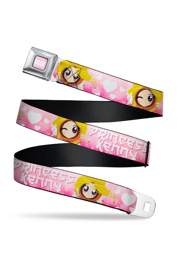 Comedy Central Belt, Seatbelt Buckle Belt, South Park Princess Kenny Poses and Text Pinks White, 30 to 44 Inches