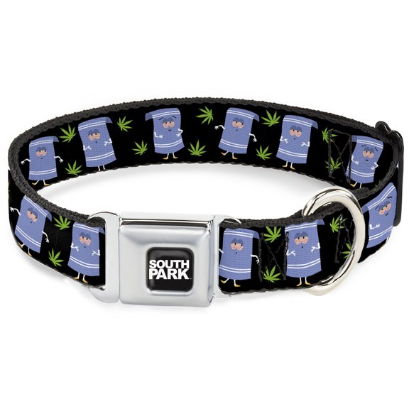 Comedy Central Pet Collar, Dog Collar Metal Seatbelt Buckle, South Park Towlie and Scattered Pot Leaves Black, 15 to 24 Inches 1.0 Inch Wide
