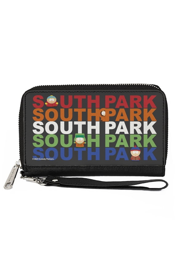 Comedy Central Wallet, Zip Around, South Park Boys Text Logo Repeat Black Multi Color, Vegan Leather