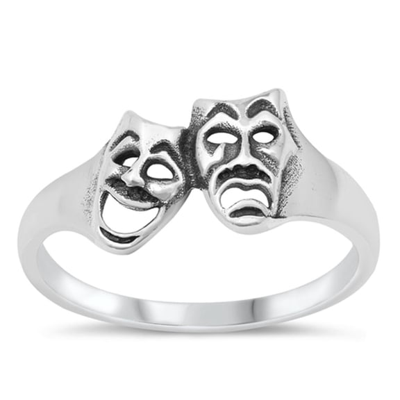 Comedy Tragedy Face Mask Smile Cry Ring .925 Sterling Silver Band Jewelry Female Male Unisex Size 8