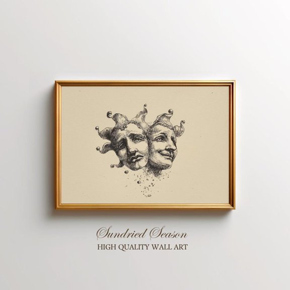 Comedy Tragedy Mask Art Jester Drawing Theatrical Dark Academia Decor, Unframed Paper Poster 8x10in