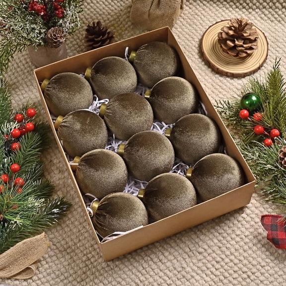 Comefolife 12 Pcs Large Velvet Christmas Ball Ornaments 3'' Vintage Christmas Ornaments Hanging Flocked Tree Decorations for Holiday Party Xmas (Brown)