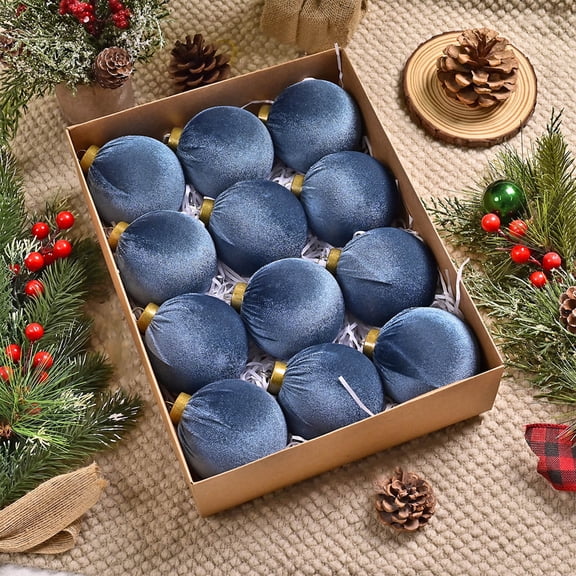 Comefolife 12 Pcs Large Velvet Christmas Balls Ornaments 3 Inch Flocked Christmas Tree Ornaments Xmas Bulbs Decorations Hanging for Xmas Home Party (Blue)