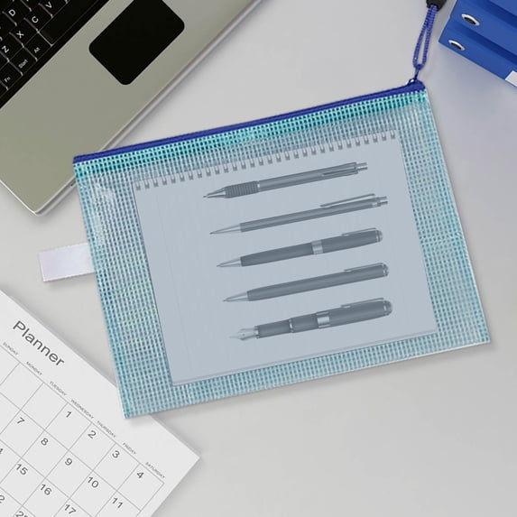 Loyerfyivos A4 Mesh Zipper Pouch Bags, Zipper File Document Holder Waterproof Plastic Mesh Zipper File Bag Clear Zipper Bags for School Office Cosmetics & Travel Board Game Storage, Blue