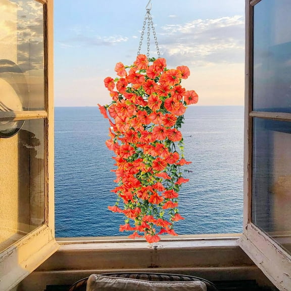 Comefolife Artificial Hanging Flowers, Hanging Baskets Artificial Flowers, Plastic Fake Hanging Baskets, Lifelike Flower Plant Garland, Artificial Flowers for Decoration (Orange, 75cm)