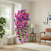 Comefolife Artificial Hanging Flowers, Hanging Baskets Artificial Flowers, Plastic Fake Hanging Baskets, Lifelike Flower Plant Garland, Artificial Flowers for Decoration (Purple, 75cm)
