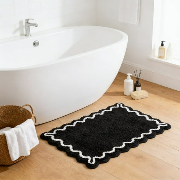 Comefolife Bath Mat with White Scallop Non-Slip, Quick-Dry Bath Rug Absorbent Soft Plush Microfiber Bathmat for Bathroom Floor Carpet for Sink Bedroom, 20x32IN Black