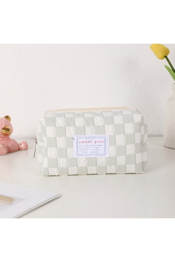 Comefolife Checkered Makeup Bag, Makeup Bag Cosmetic Bag for Women, Blue Checkered Travel Toiletry Bag with Zipper, Portable Plaid Large Capacity Purse with Cute Cosmtic Bag, light Green