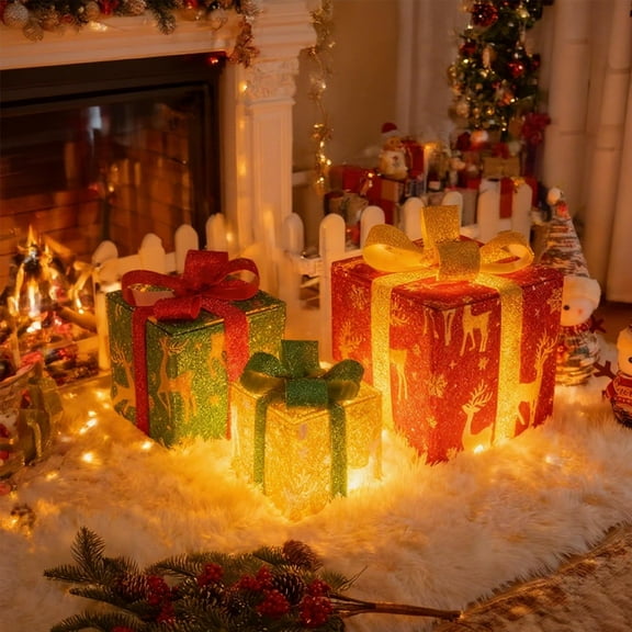 Comefolife Christmas Lighted Gift Boxes with Plug, Indoor Outdoor Christmas Decorations with 3 LED Warm White Mini String Lights, Present Boxes with Gold Tinsel for Xmas Tree Porch Decor