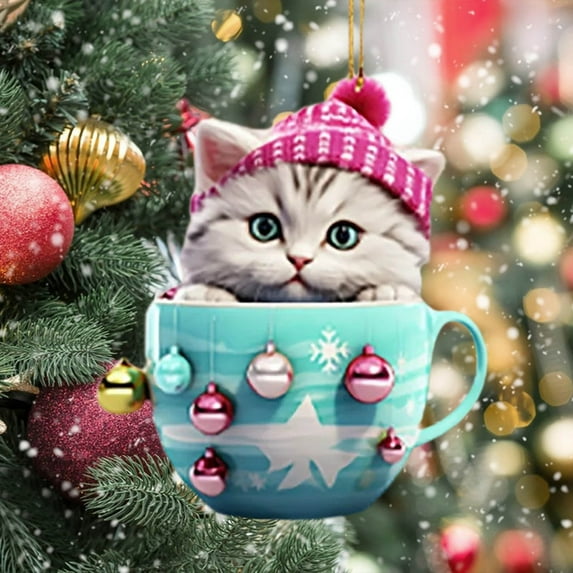 Comefolife Christmas Ornaments Teacup Cat Decorations Kitten Kawaii Snowflake Hanging Christmas Ornaments 2024 Vintage Party Holiday Santa New Year for Mini Christmas Tree Supplies Merry Christmas