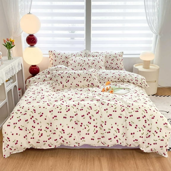 Comefolife Comforter Set King Size, Cherry pattern Bed, 4 Pieces Soft Lightweight Micorfiber Bedding Set with Comforter, Flat Sheet, Pillowcase
