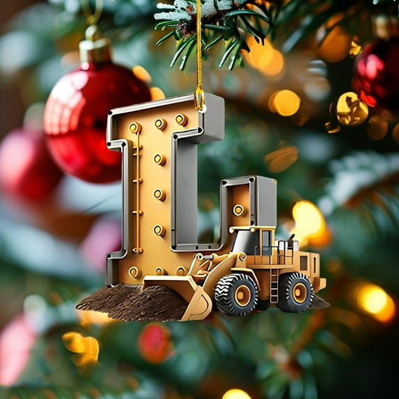 Comefolife Construction Vehicle Letter Flat Ornament, Initial Letter Truck Tractor Kid, Personalized Construction Vehicle Letter 2D Flat Acrylic Ornament, Excavator Ornament for Kid Grandkid Christmas